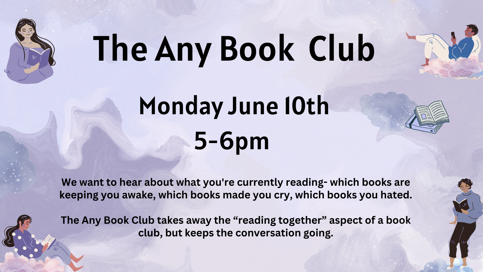 Any Book Club, Monday, June 10 at 5:00 pm