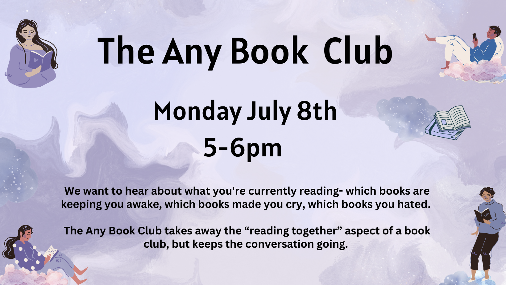 Any Book Club, Monday, July 8, 5-6 pm