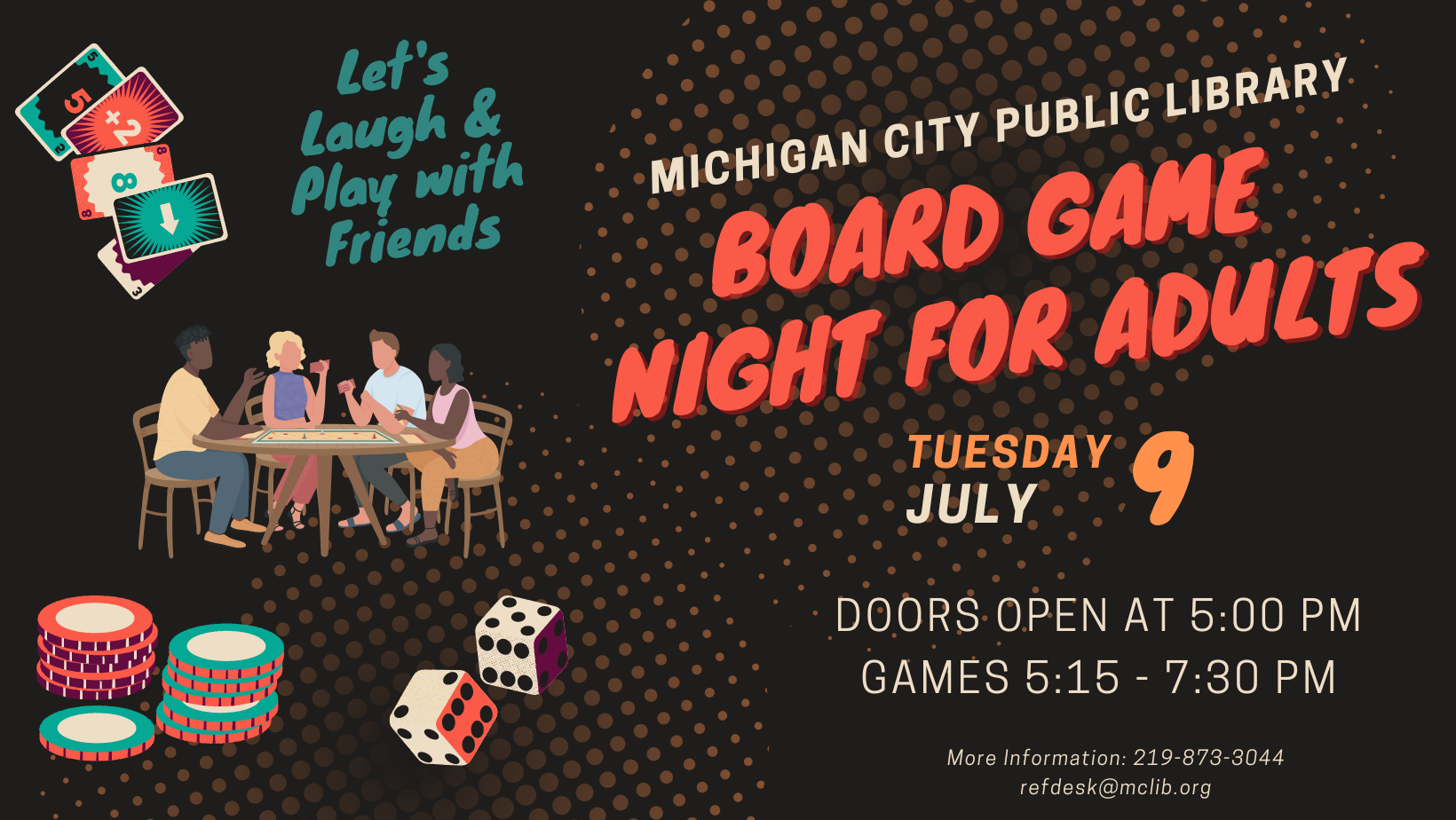 Board Game Night for Adults, Tuesday, July 9 at 5:00 pm