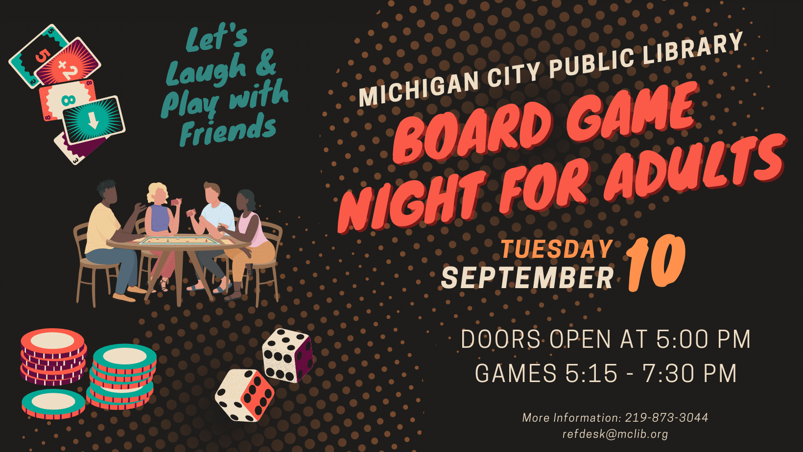 Board Game Night for Adults will be Tuesday, September 10th. The image is dark and shows a group having fun together.