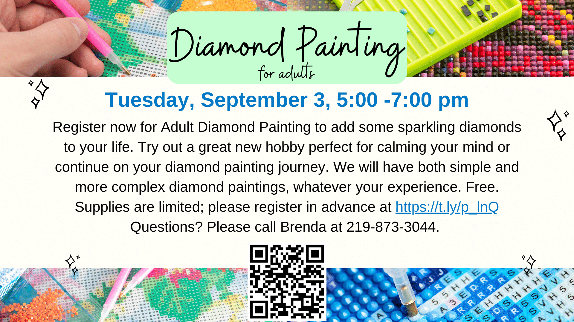 Diamond Painting for Adults, Tuesday, September 3, 5-7 pm. Please register in advance