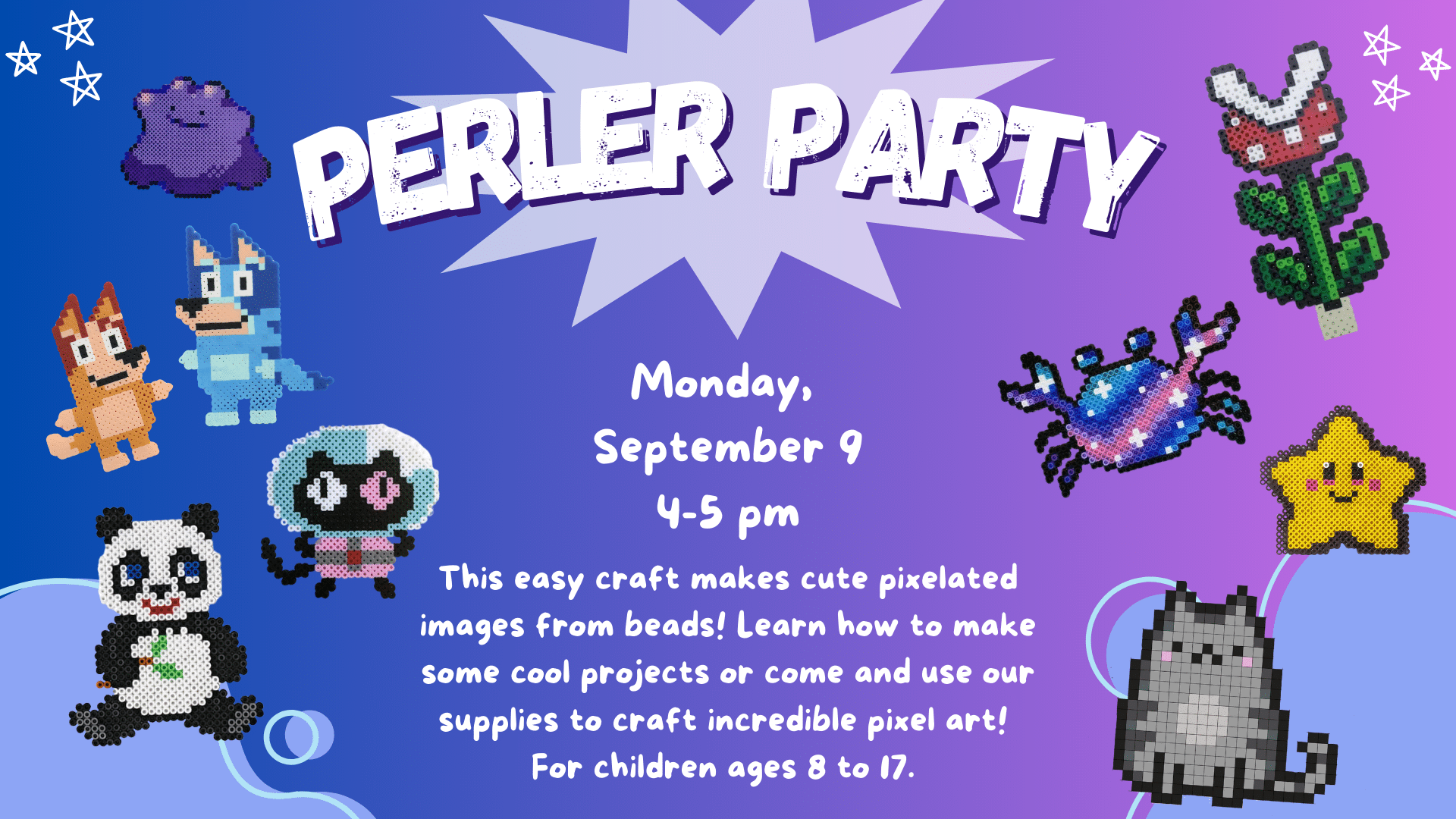 Perler Party, Monday, Sept. 9, 4:00 pm