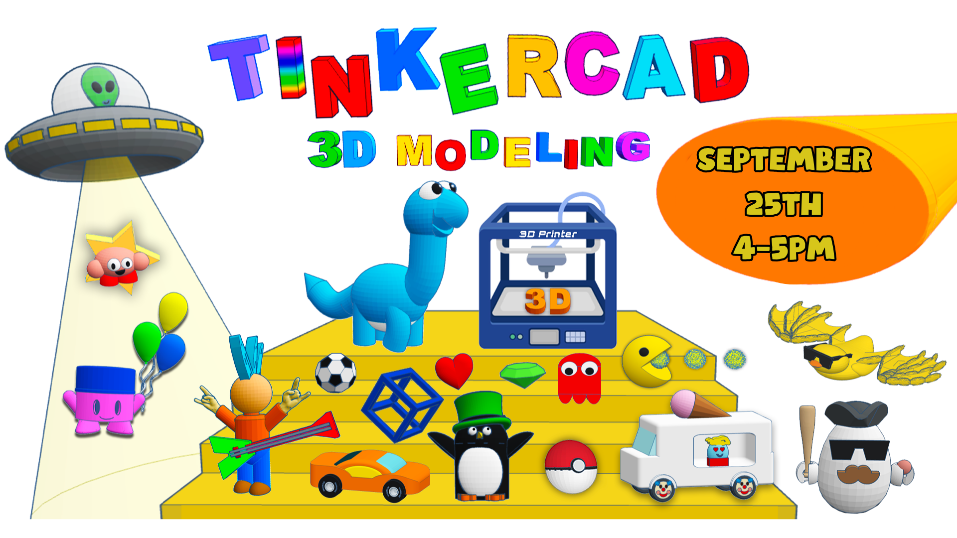 the tinkercad event is advertised with 3d figures and bright colors