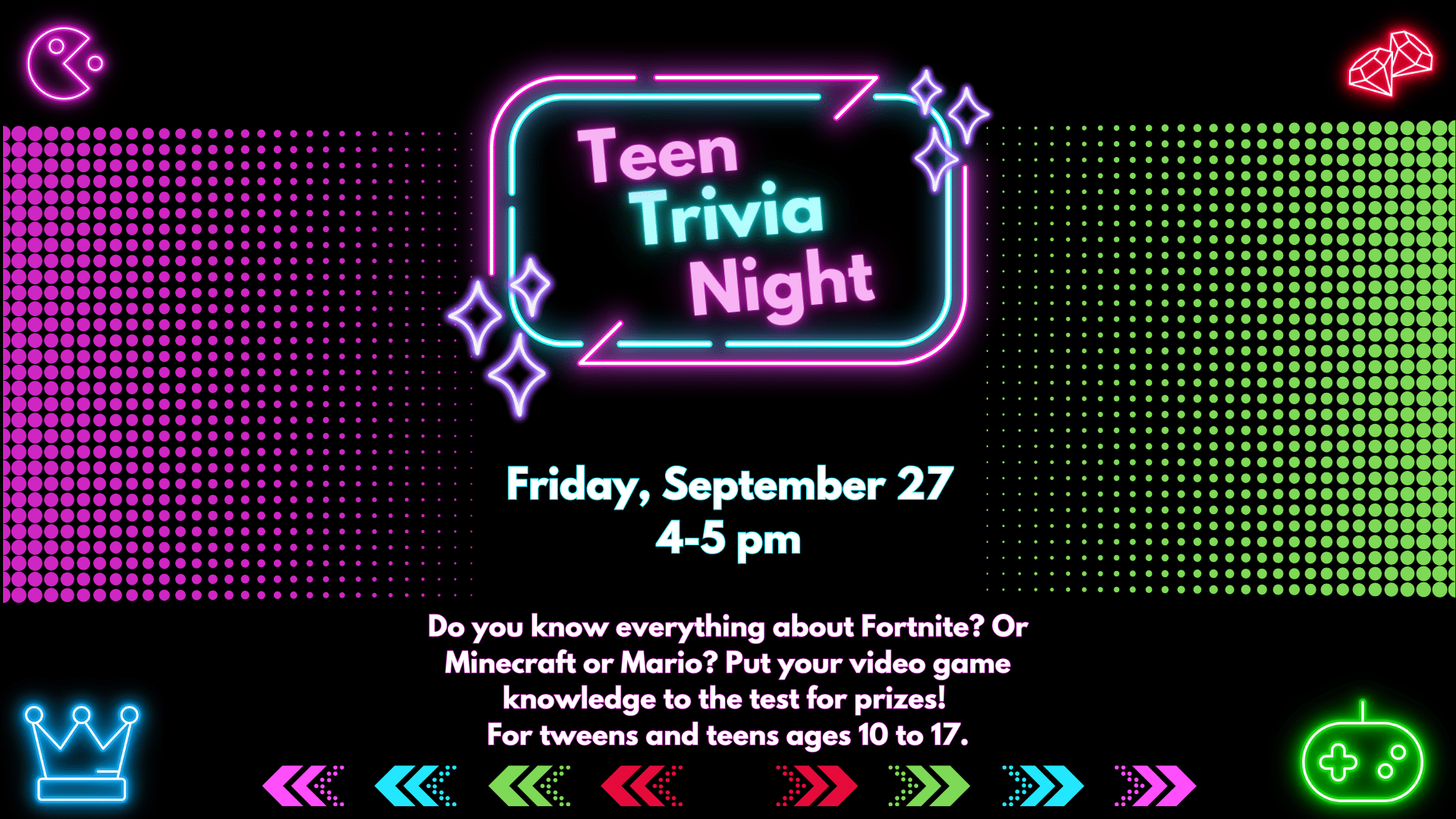 Teen Trivia Night, Friday, September 27 at 4:00 pm