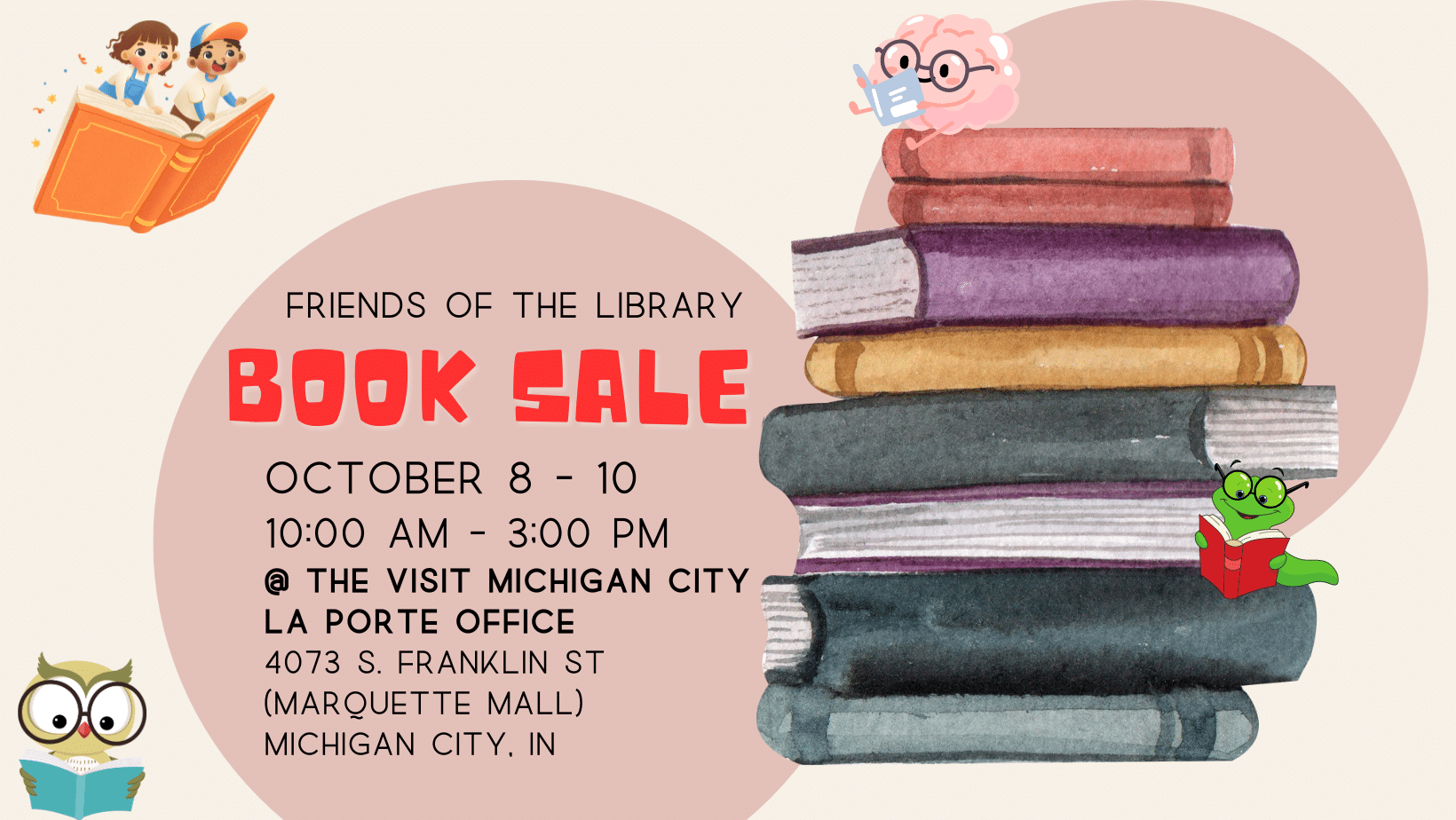 the book sale is advertised in soft colors, with piles of books besides the information in the description below.