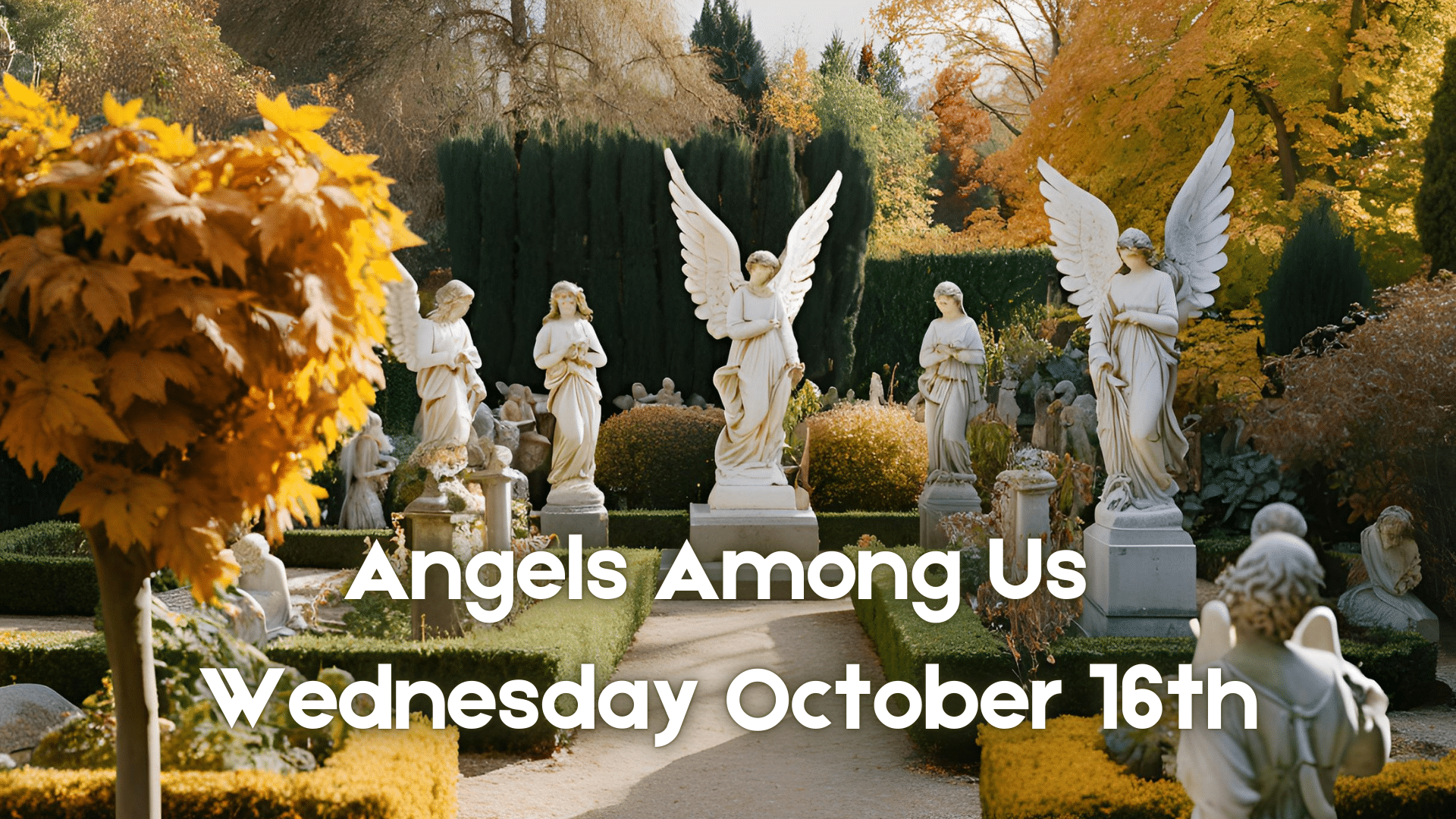 the angels among us logo is written in front of a fall garden filled with statues of angels