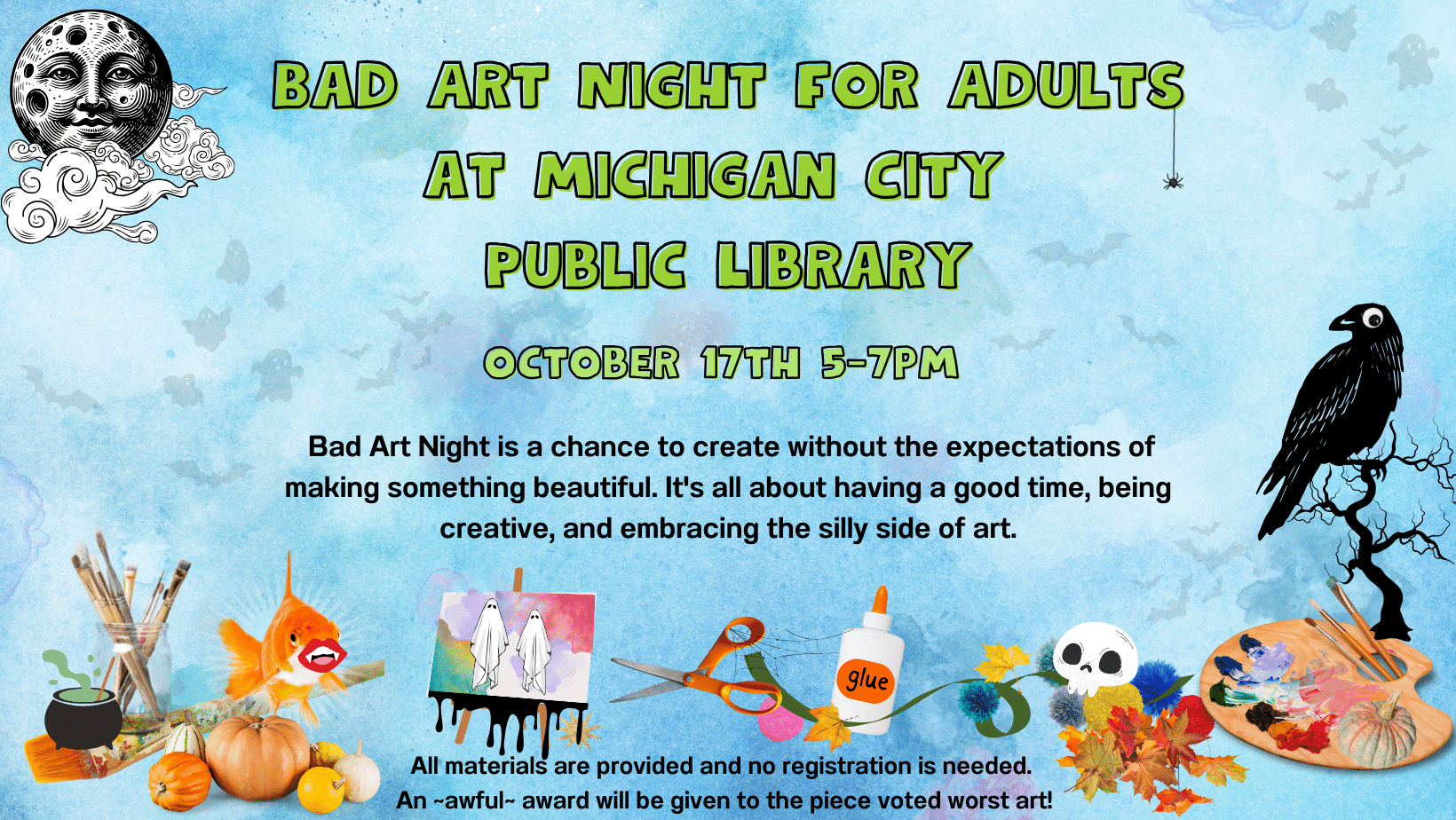 the bad art night poster shows spooky, silly images. bad art night is each third thursday of the month.