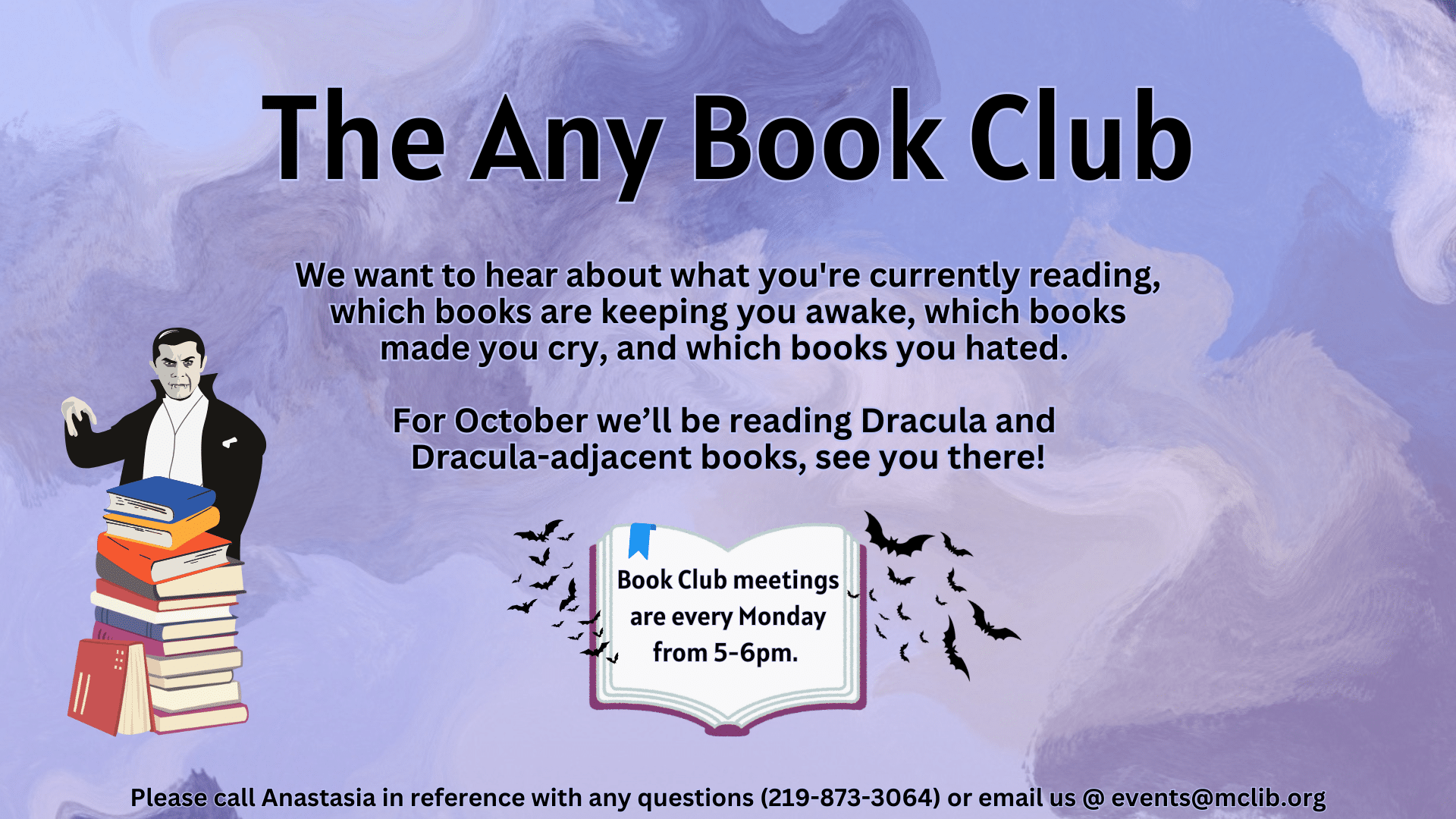 The regular book club logo is surrounded by bats, and a small dracula is hiding behind a stack of books.