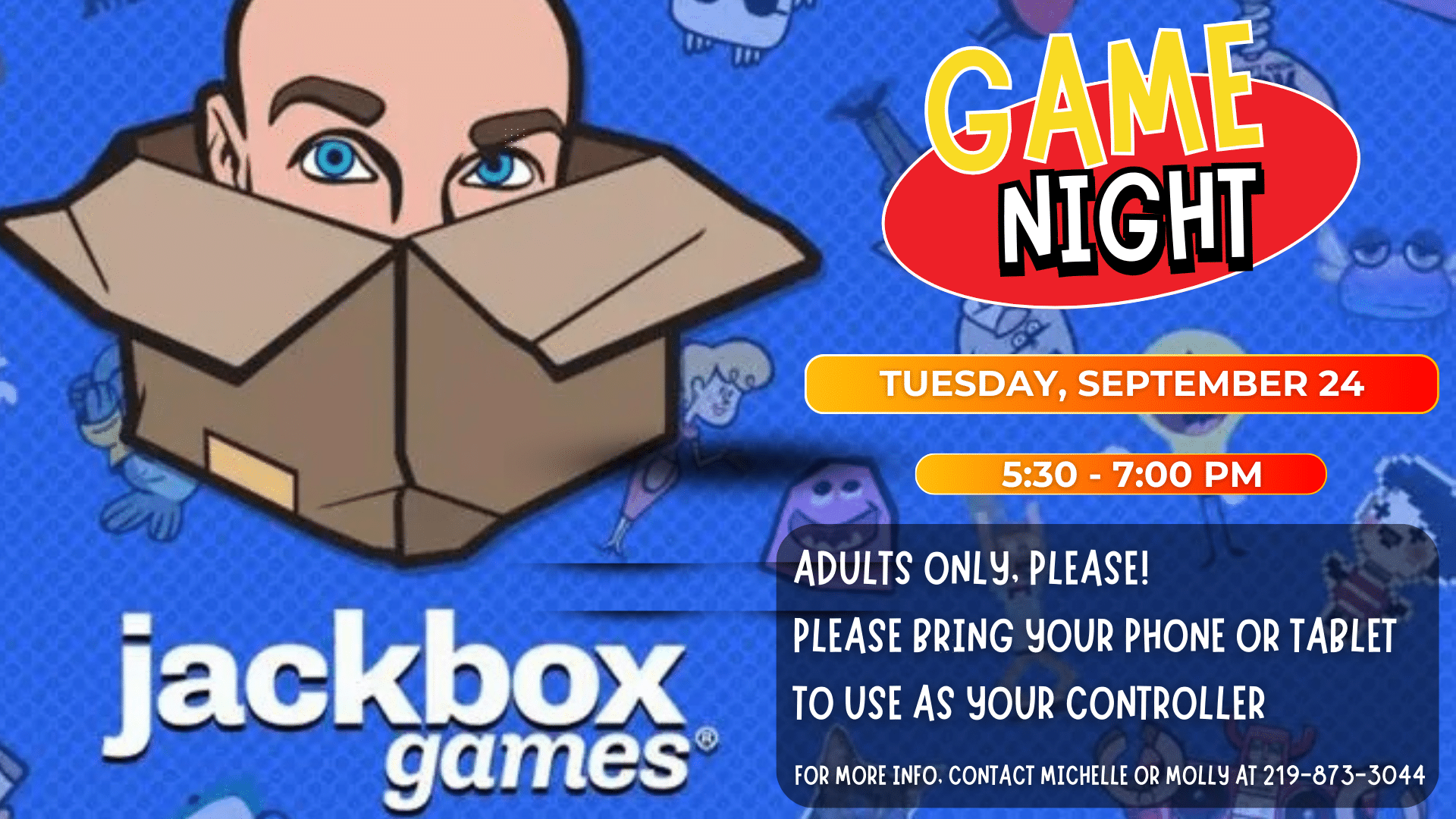 Jackbox Party Game Night for Adults, Tuesday, September 24, 5:30 - 7:00 pm