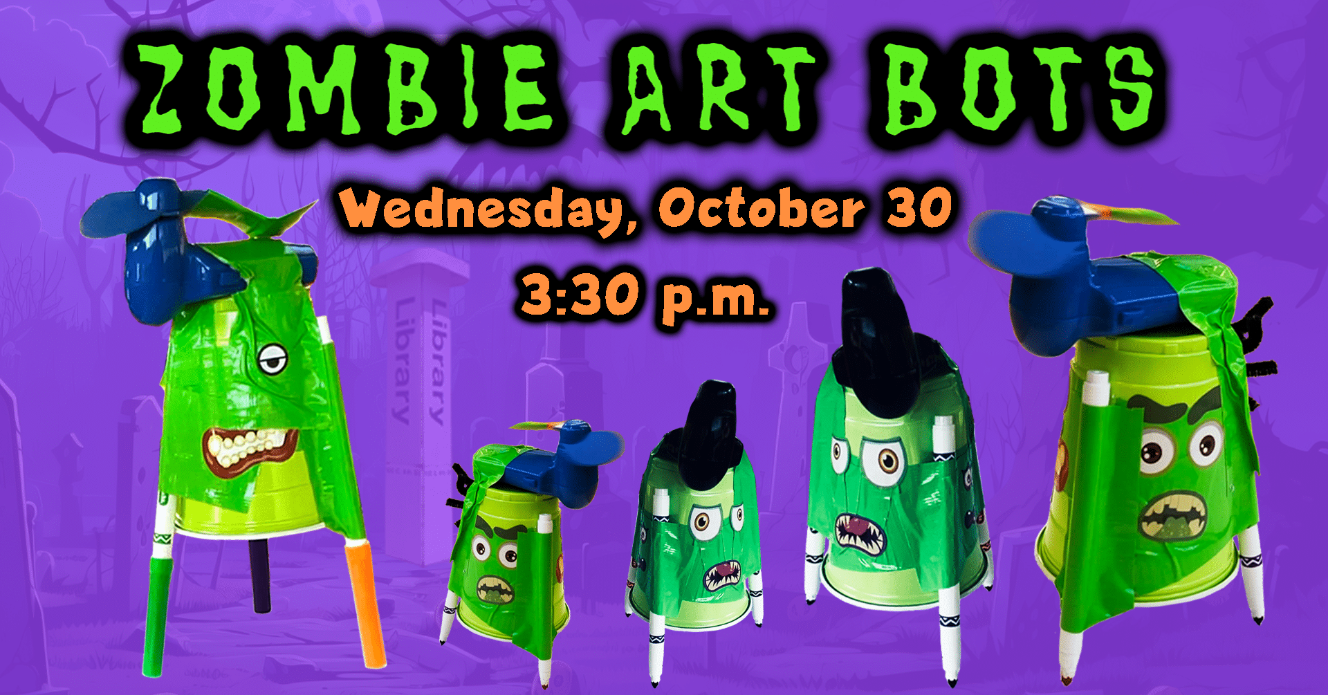 zombie art bots are shown on a bright purple background, with green lettering